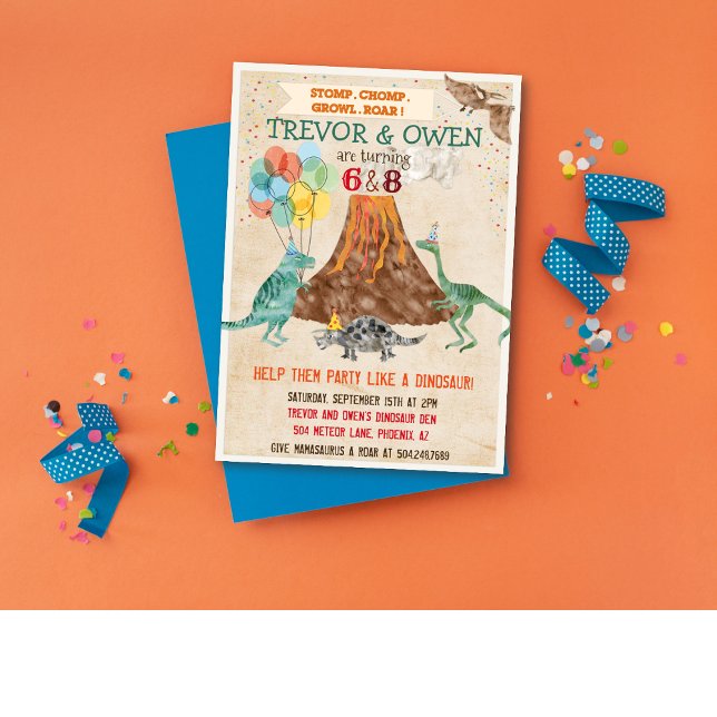 Joint Dual Dinosaur Volcano Birthday Invitation (Creator Uploaded)