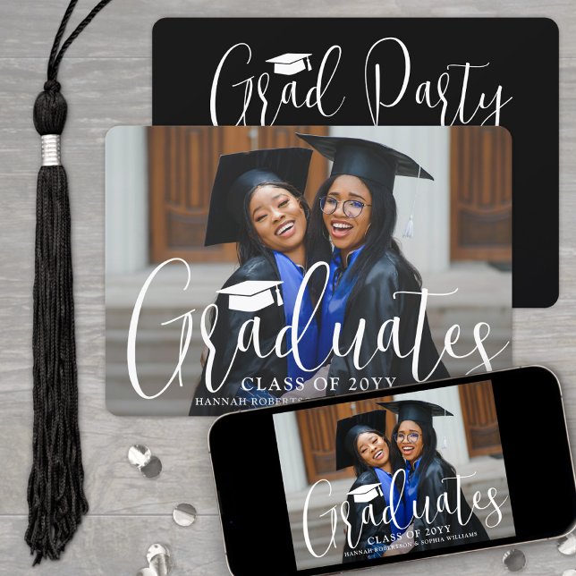 Joint Graduation Modern Script and Photo Black Invitation (Creator Uploaded)