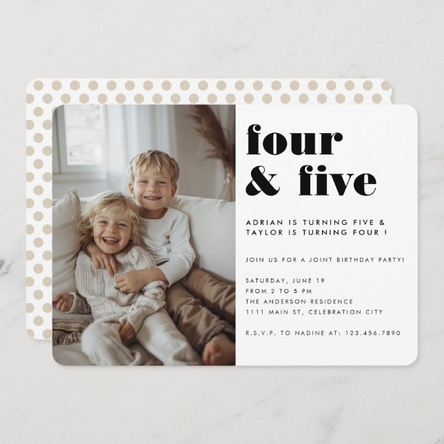 Joint Kids Siblings Birthday Party Modern Photo Invitation (Front/Back)