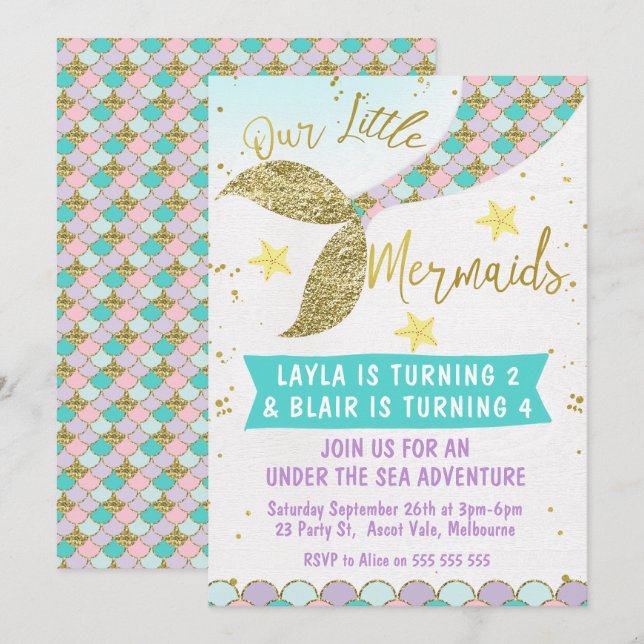 Joint or twins Mermaid Tail Birthday invitation (Front/Back)