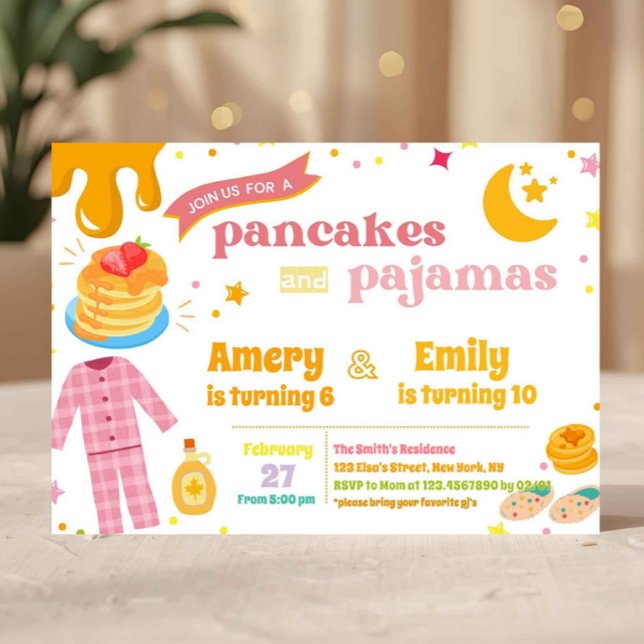 Joint Pancakes and Pyjamas Birthday Siblings Invitation (pancakes and pajamas invite, sleepover birthday invitation, pajama party invite, kids sleepover invi)