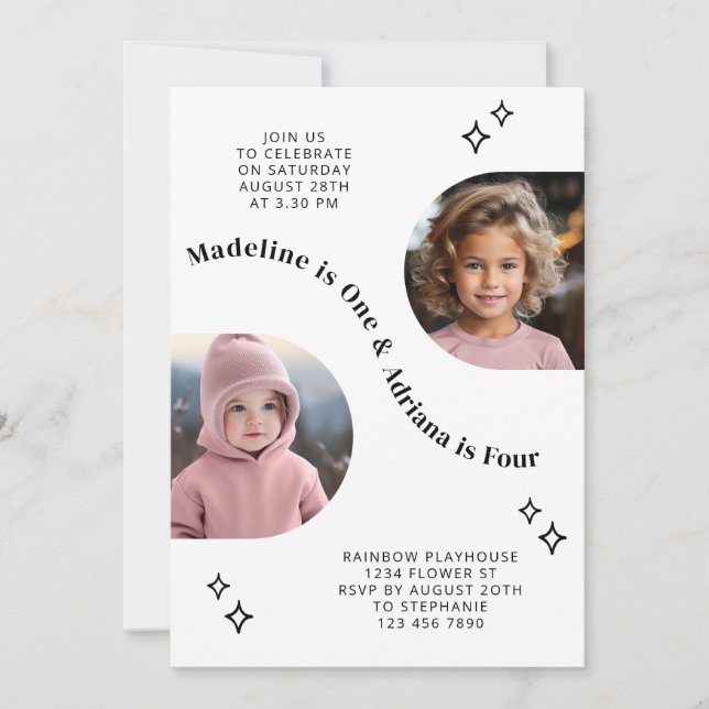 Joint Sibling Portrait Photo Minimal Arch Birthday Invitation (Front)
