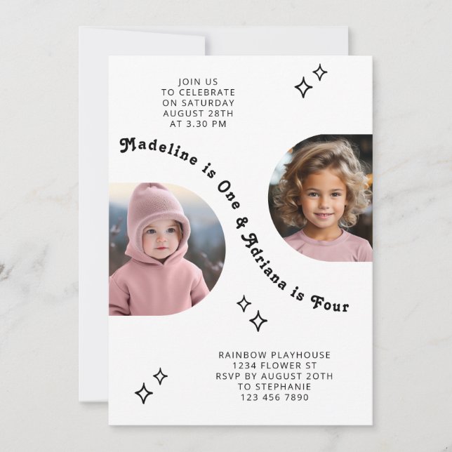 Joint Sibling Portrait Photo Minimal Arch Birthday Invitation (Front)