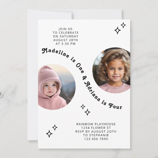 Joint Sibling Portrait Photo Minimal Boho Birthday Invitation (Front)