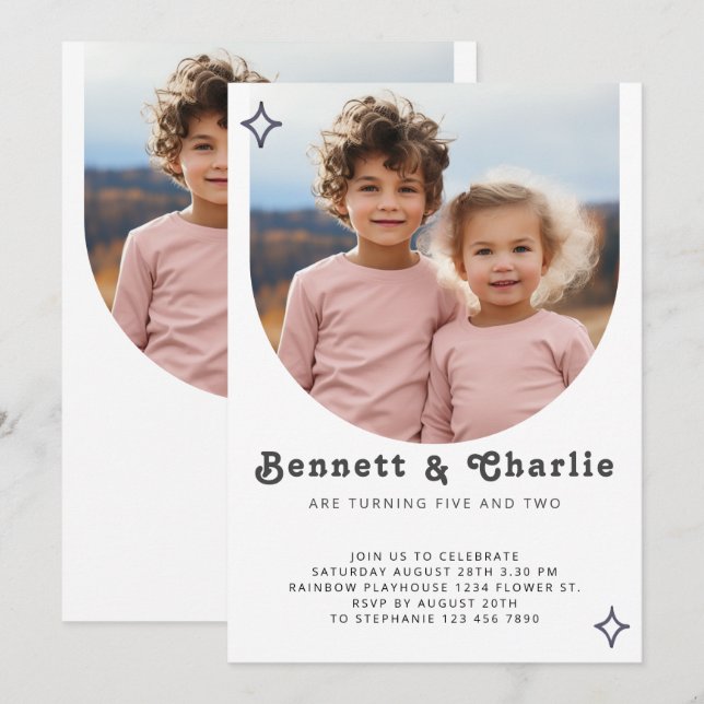 Joint Sibling Portrait Photo Minimal Boho Birthday Invitation (Front/Back)