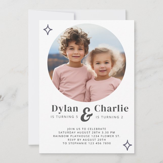 Joint Sibling Portrait Photo Minimal Boho Birthday Invitation (Front)