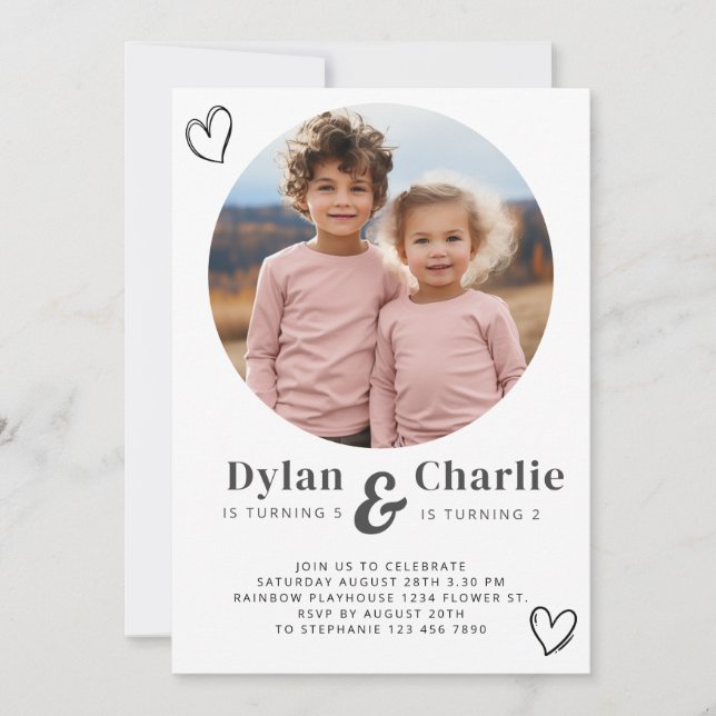 Joint Sibling Portrait Photo Minimal Boho Birthday Invitation (Front)