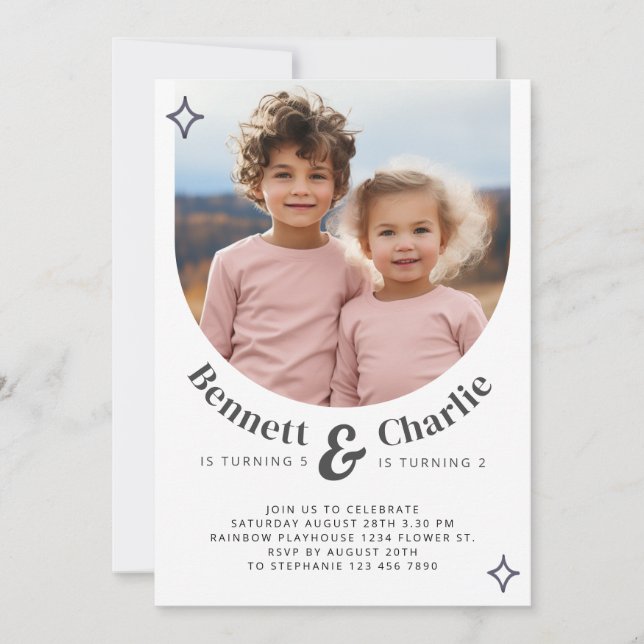Joint Sibling Portrait Photo Minimal Boho Birthday Invitation (Front)