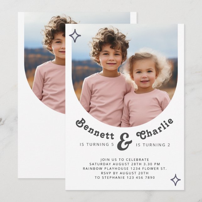 Joint Sibling Portrait Photo Minimal Boho Birthday Invitation (Front/Back)