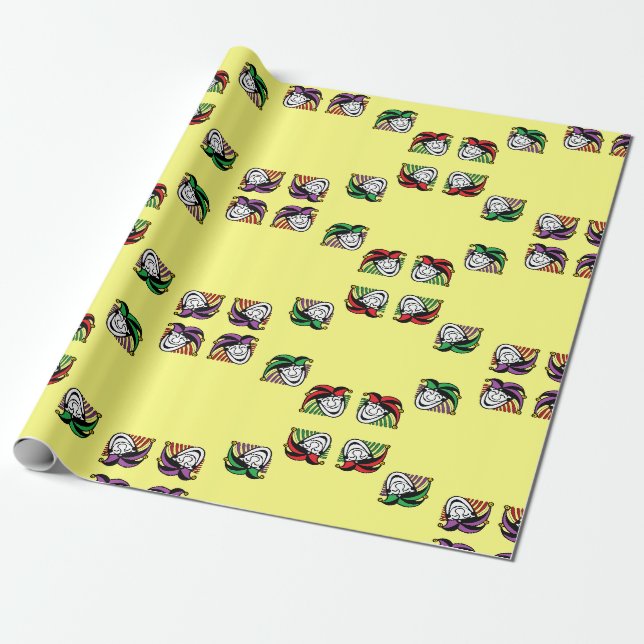 Joker colourful hats pattern yellow wrapping paper (Unrolled)