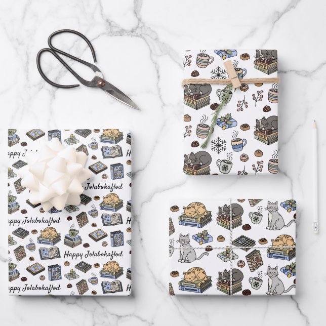 Jolabokaflod Books, Cats, and Cocoa Christmas Gift Wrapping Paper Sheet (Front)