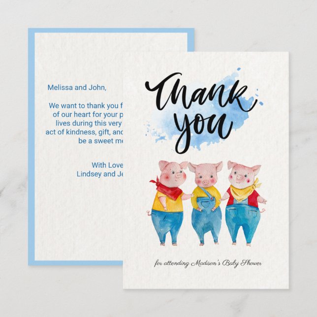 Joli 3 petits Baby showers de cochons Carte de rem (Devant / Derrière)
