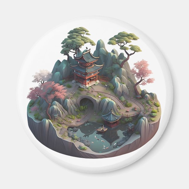 Joli aimant rond de paysage fantastique chinois 3D (Devant)