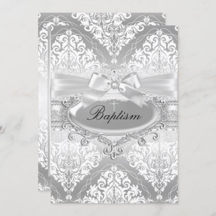 Joli Argent Damask Bow Baptism Invitation