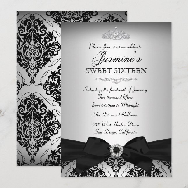 Joli Argent Noir Damask Sweet 16 Invitation (Devant / Derrière)