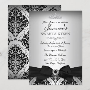 Joli Argent Noir Damask Sweet 16 Invitation