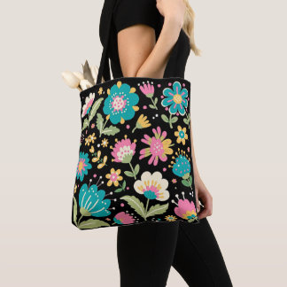 Joli Art Populaire sur Sac Cabas Noir.