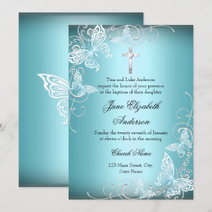 Joli Baptême Bleu Swirl & Cross Baptism Invitation