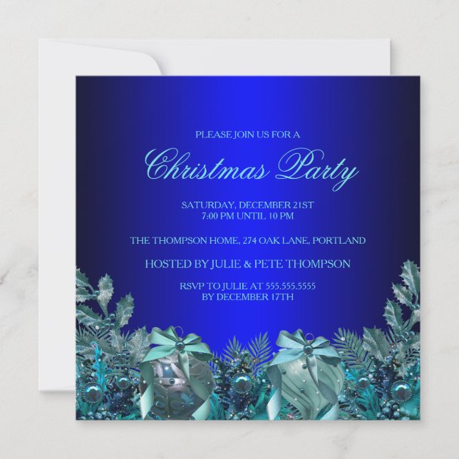 Joli Bauble Bleu & Bow Invitation de fête de Noël (Devant)