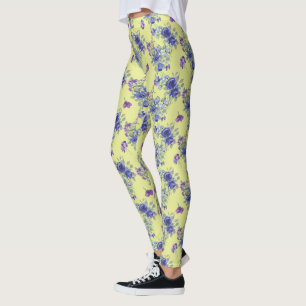 Joli bleu aquarelle Fleurs sur Leggings Jaunes