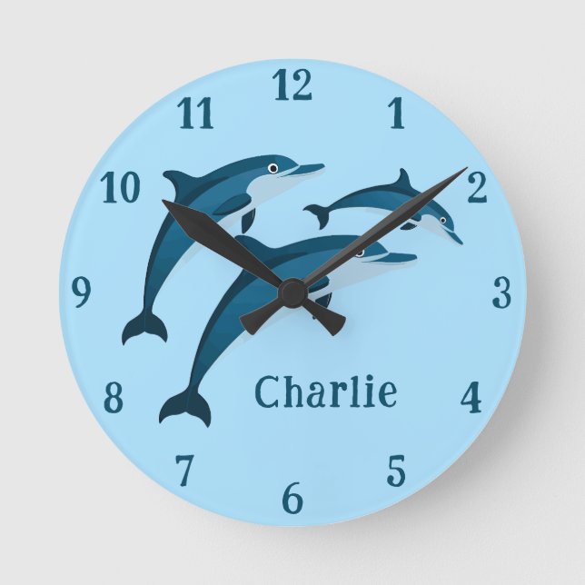 Joli bleu dauphins enfants Horloge murale (Recto)