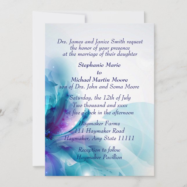 Joli bleu et Floral Abstrait Faire-part de mariage (Devant)