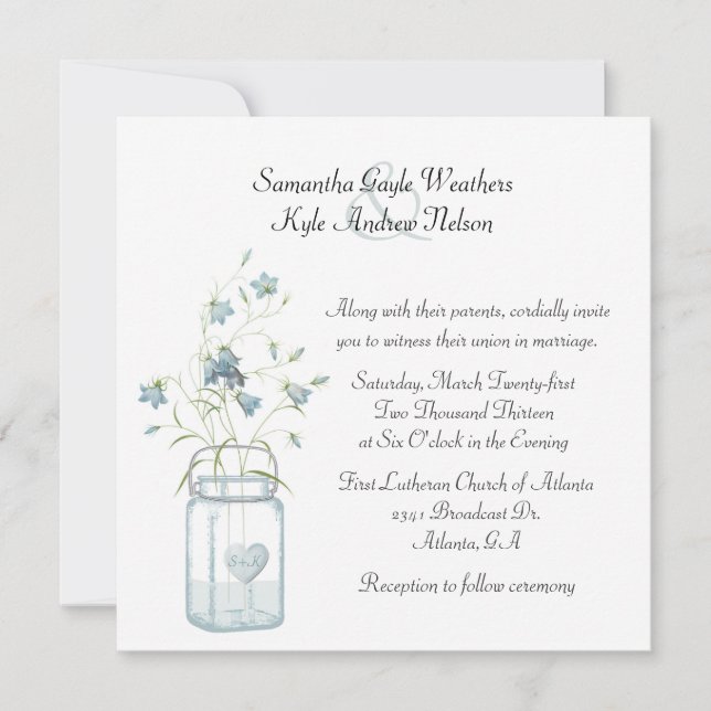 Joli Blue Bells & Mason Jar Faire-part de mariage (Devant)