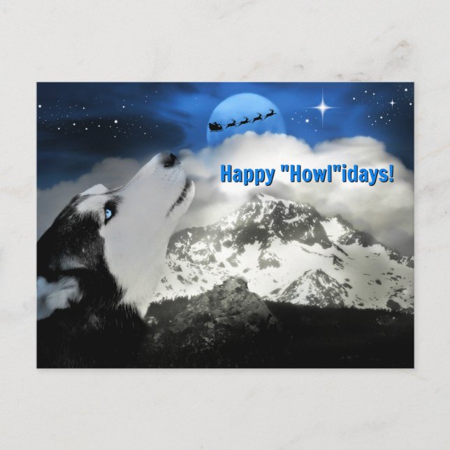 Joli Blue Eyed Husky Joyeux Vacances Cartes postal (Devant)