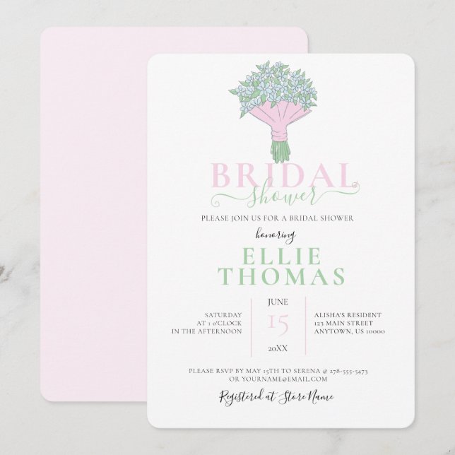 Joli bouquet rose et vert Invitation de la douche  (Devant / Derrière)