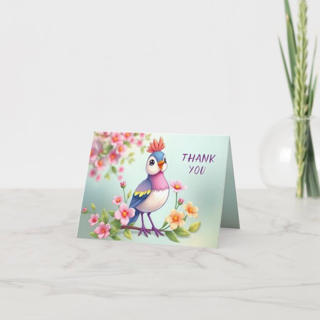 Joli Carte de remerciements Floral Oiseau rose ble (Devant)