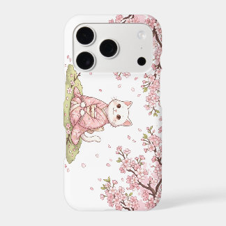 Joli chat blanc en kimono rose sous les fleurs de