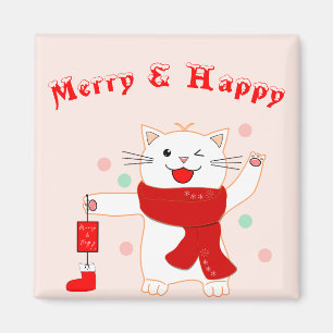 Joli Chat Joyeux & Heureux Joli Magnet de Noël