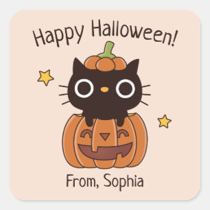 Joli Chat noir Halloween en Sticker Citrouille