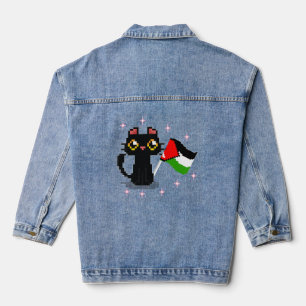 joli chat noir tenant le drapeau de la Palestine