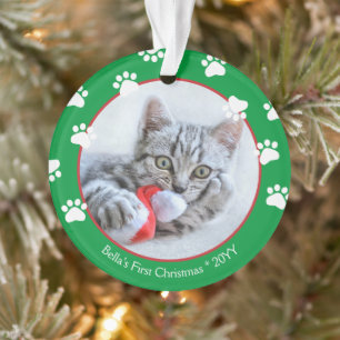 Joli chat premier Noël empreintes de pattes vert r
