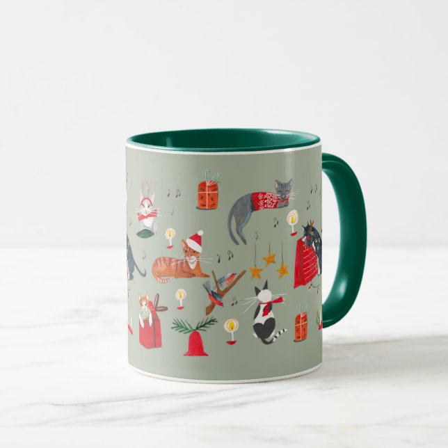 Joli chat rétro vert Noël motif Mug (Devant droit)