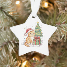 Joli Chat Roux Chapeau de Père Noël Ornement de No