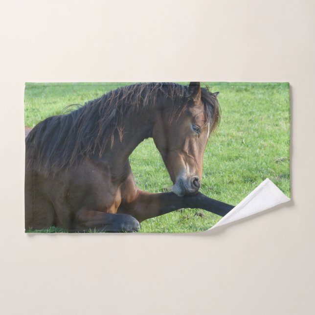 Joli Cheval Brown allongé dans l'herbe (Serviette à main)