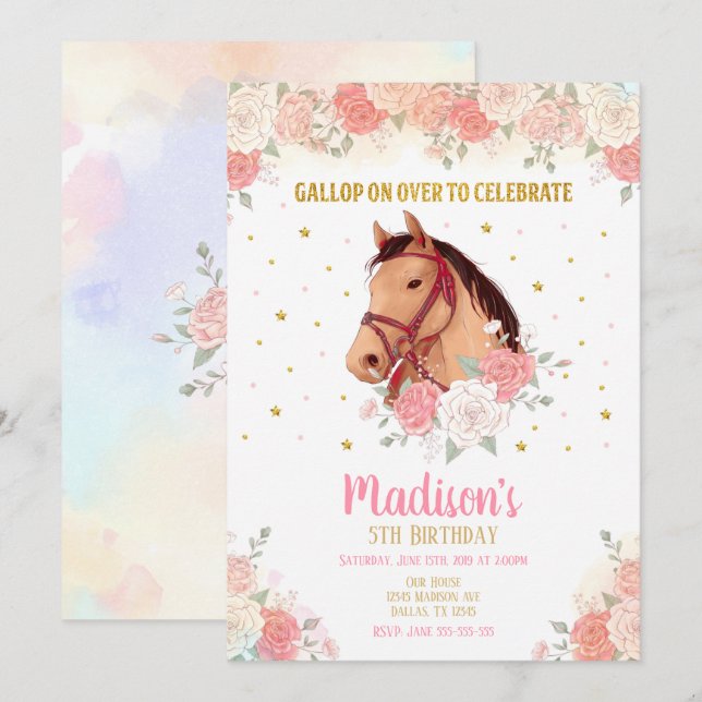 Joli Cheval et Fleurs Invitation Anniversaire (Devant / Derrière)