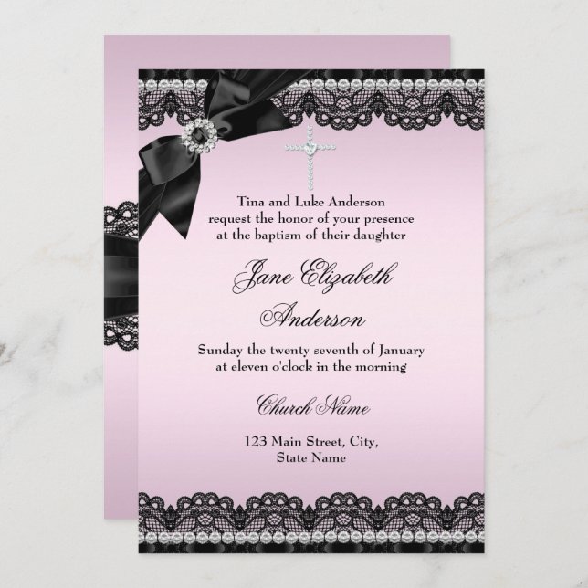 Joli Chic Diamond dentelle rose Invitation de bapt (Devant / Derrière)
