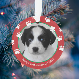 Joli chien premier Noël empreintes de pattes rouge