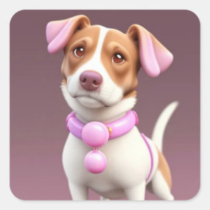Joli chiot avec oreilles roses autocollant carré