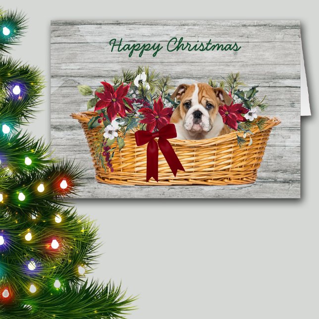 Joli chiot Bulldog dans le panier Carte de Noël (Créateur téléchargé)