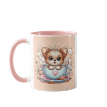 Joli chiot dans une tasse de café avec des cœurs