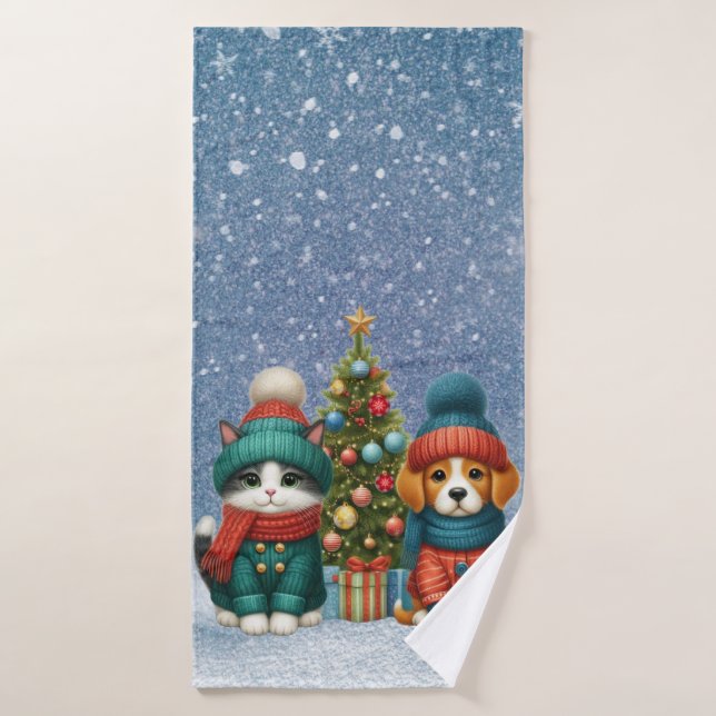 Joli chiot de Noël & chaton (Serviette de bain)