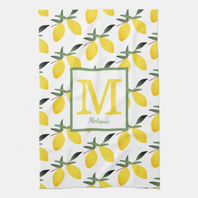 Joli citron Monogramme Nom Cuisine Serviettes (Vertical)