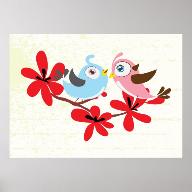 Joli couple d'oiseaux fleurs rouges poster personn (Devant)