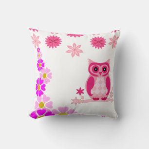 Joli Coussin Décoratif Chouette Rose Blanc