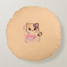 Joli Coussin Rond « Hey Cutie » avec Chat Kawaii