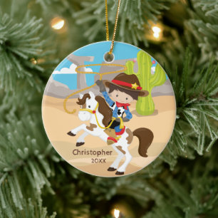 Joli Cowboy Horseback Boy Noël Ornement